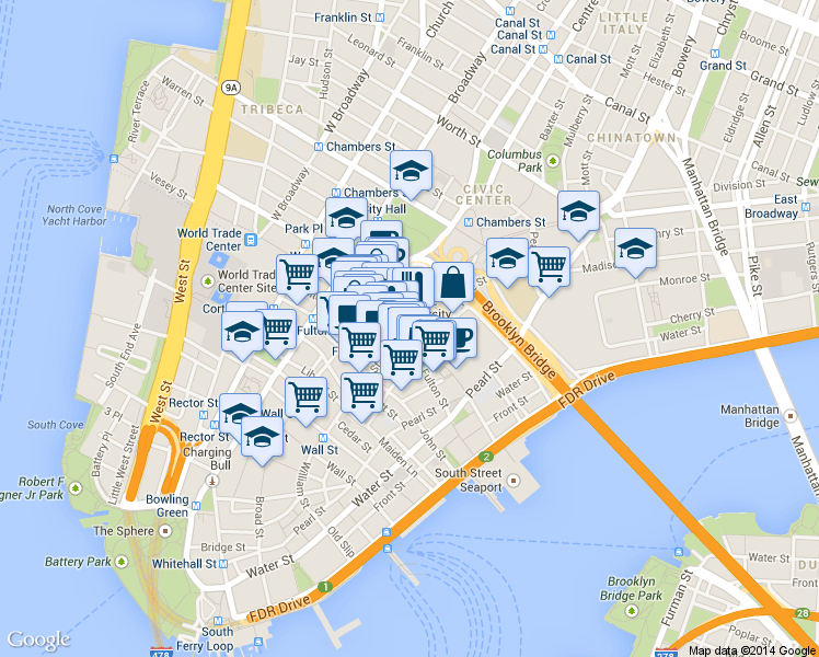 map of restaurants, bars, coffee shops, grocery stores, and more near 47 Beekman Street in New York
