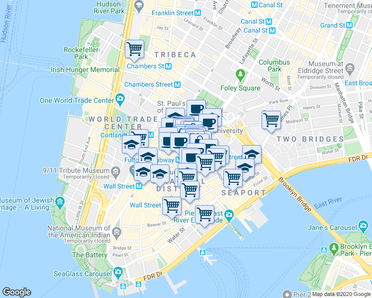map of restaurants, bars, coffee shops, grocery stores, and more near 119 Fulton Street in New York