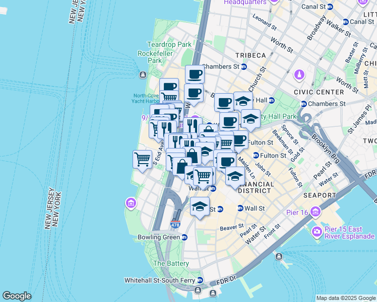 map of restaurants, bars, coffee shops, grocery stores, and more near 90 West Street in New York