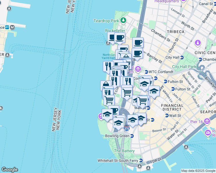 map of restaurants, bars, coffee shops, grocery stores, and more near 377 Rector Place in New York