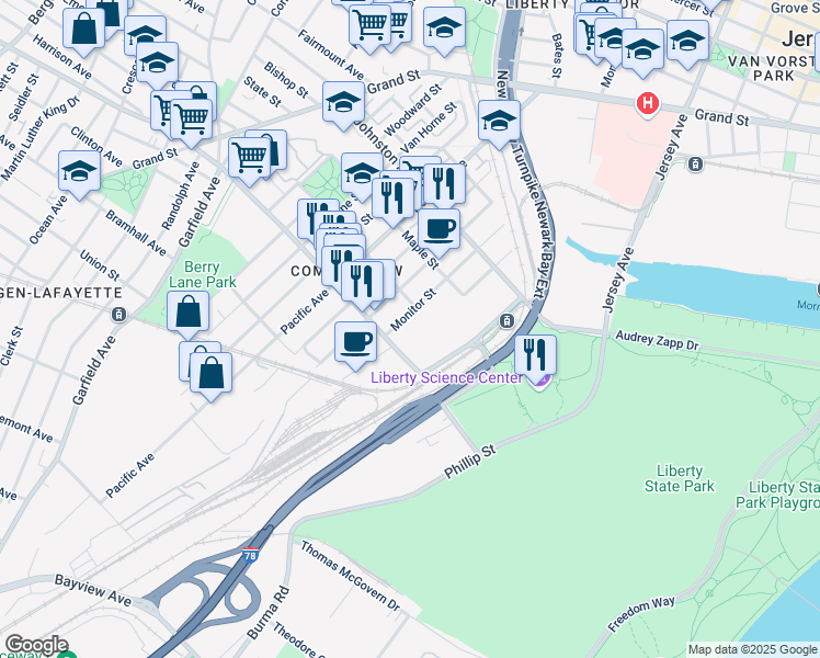 map of restaurants, bars, coffee shops, grocery stores, and more near 300 Communipaw Avenue in Jersey City