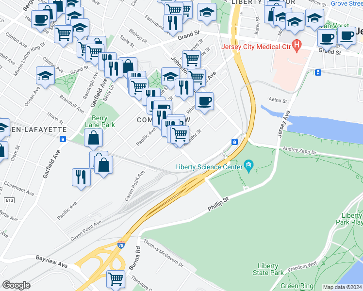 map of restaurants, bars, coffee shops, grocery stores, and more near 328 Communipaw Avenue in Jersey City