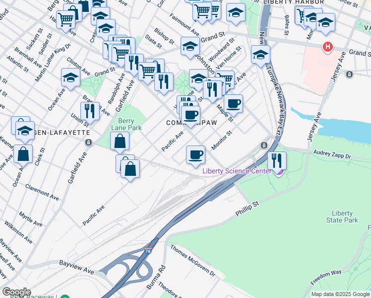 map of restaurants, bars, coffee shops, grocery stores, and more near 248 Whiton Street in Jersey City