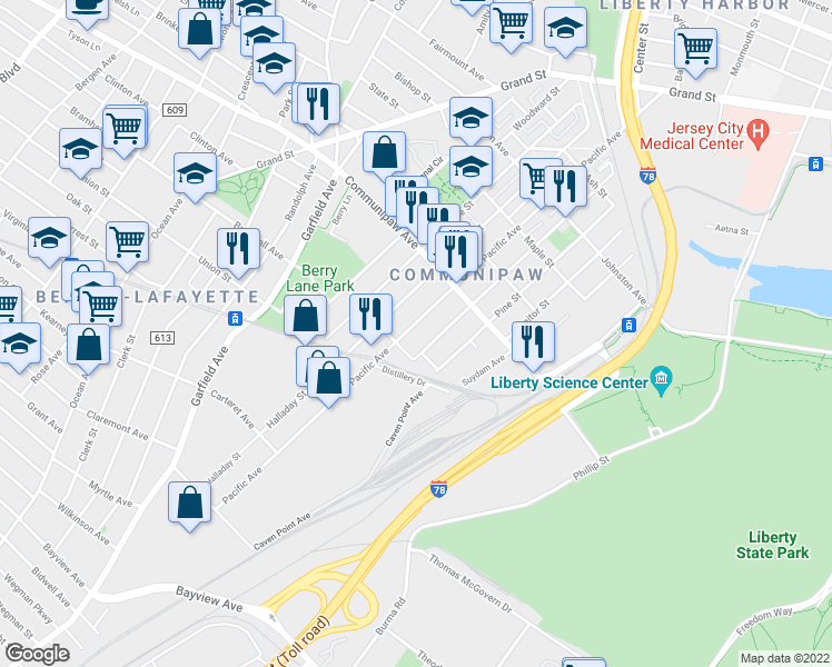 map of restaurants, bars, coffee shops, grocery stores, and more near 246 Pacific Avenue in Jersey City