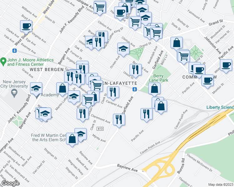 map of restaurants, bars, coffee shops, grocery stores, and more near 177 Randolph Avenue in Jersey City