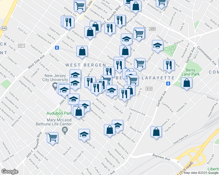 map of restaurants, bars, coffee shops, grocery stores, and more near 53 Orient Avenue in Jersey City