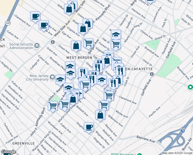map of restaurants, bars, coffee shops, grocery stores, and more near 165 Claremont Avenue in Jersey City