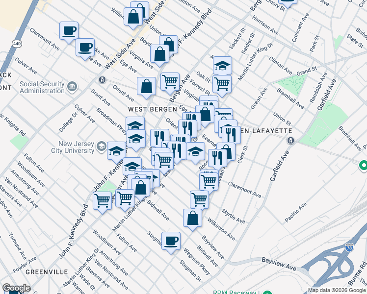 map of restaurants, bars, coffee shops, grocery stores, and more near 165 Claremont Avenue in Jersey City