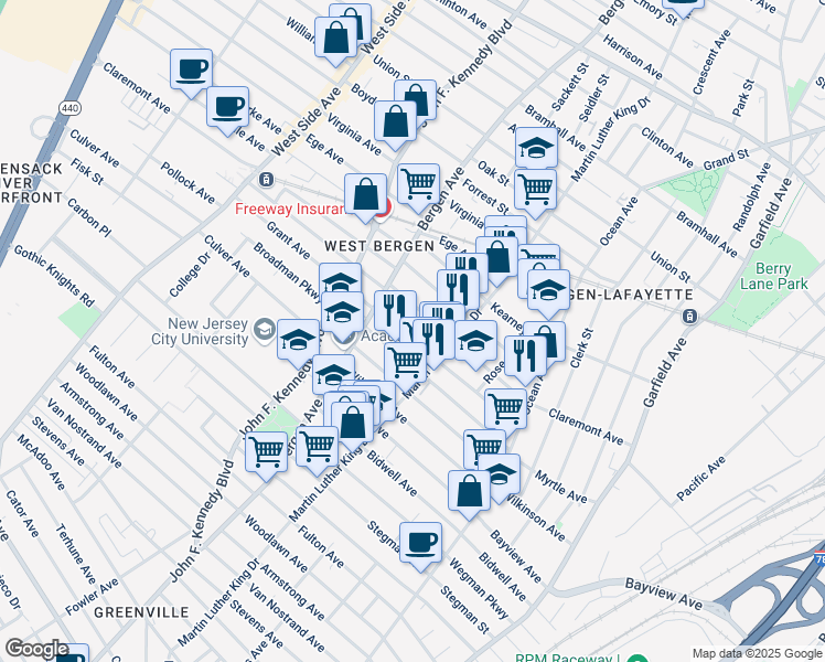 map of restaurants, bars, coffee shops, grocery stores, and more near 114 Grant Avenue in Jersey City