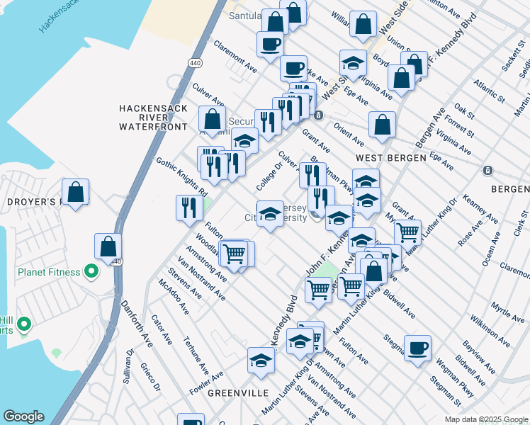 map of restaurants, bars, coffee shops, grocery stores, and more near 356 Stegman Parkway in Jersey City