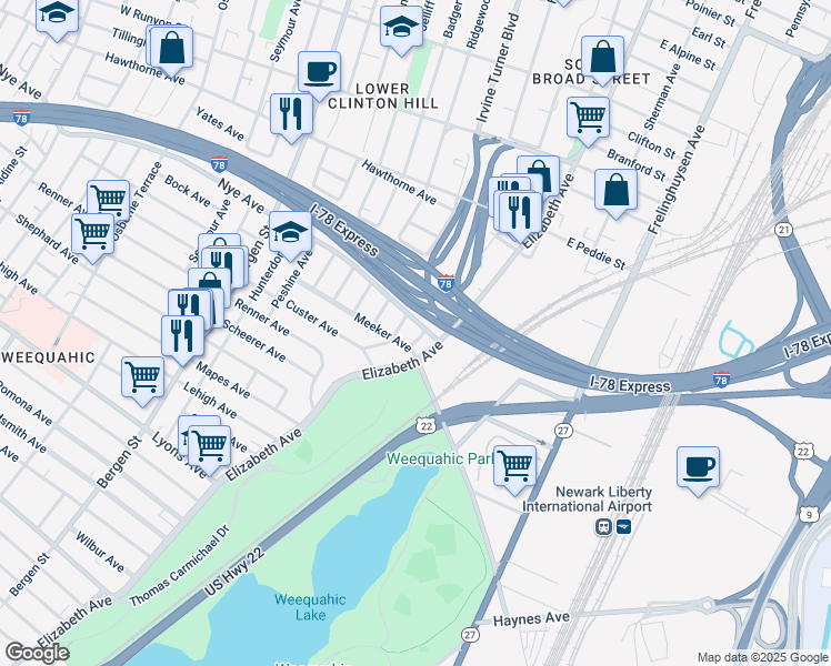 map of restaurants, bars, coffee shops, grocery stores, and more near 243-245 Meeker Avenue in Newark