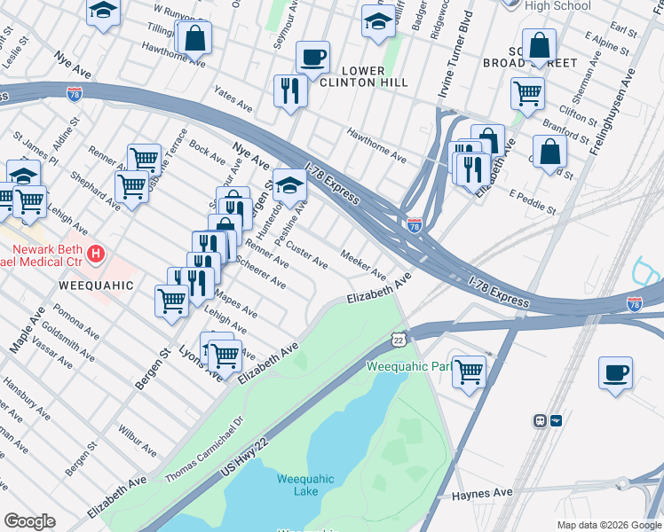 map of restaurants, bars, coffee shops, grocery stores, and more near 25-27 Custer Avenue in Newark