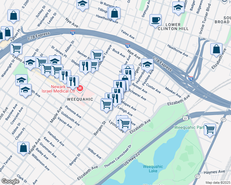 map of restaurants, bars, coffee shops, grocery stores, and more near 123 Mapes Avenue in Newark