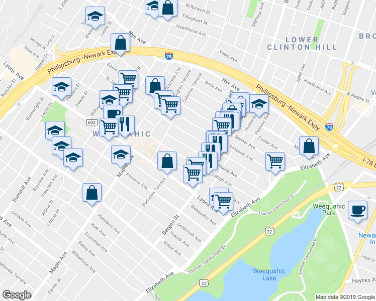 map of restaurants, bars, coffee shops, grocery stores, and more near 155 Lehigh Avenue in Newark