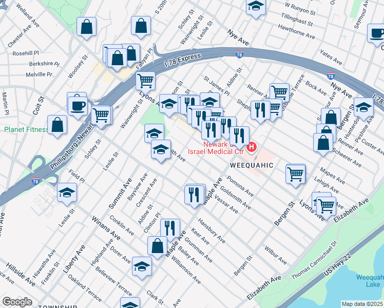map of restaurants, bars, coffee shops, grocery stores, and more near 241 Pomona Avenue in Newark