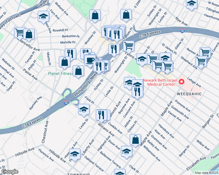 map of restaurants, bars, coffee shops, grocery stores, and more near 324 Wainwright Street in Newark