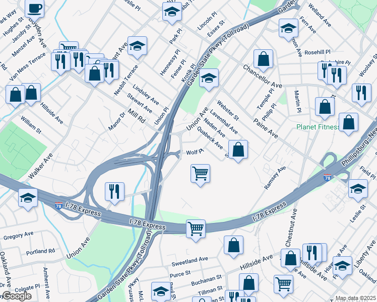 map of restaurants, bars, coffee shops, grocery stores, and more near 78 Wolf Place in Hillside