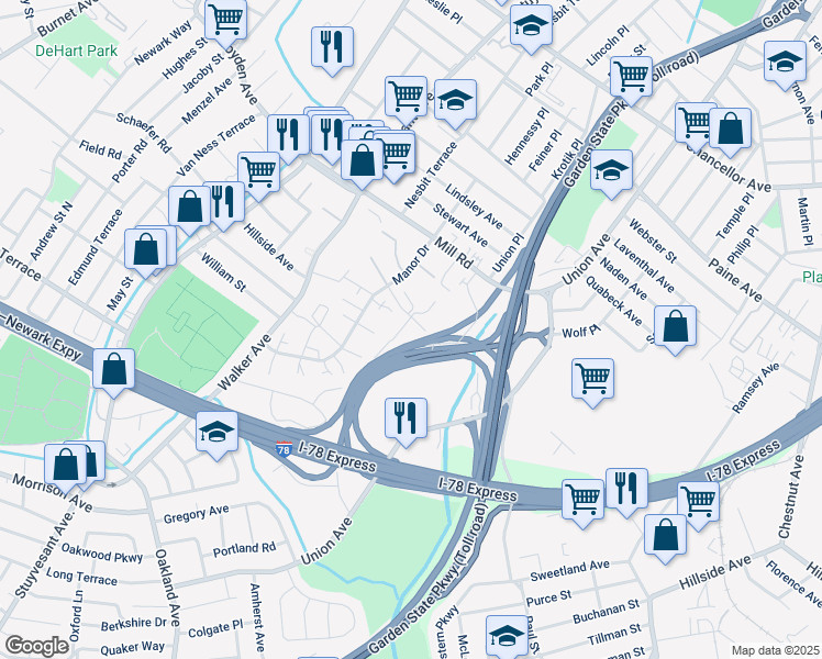 map of restaurants, bars, coffee shops, grocery stores, and more near 407 Orchard Meadows Drive South in Union