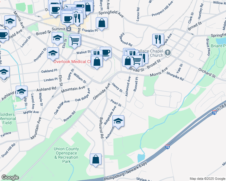 map of restaurants, bars, coffee shops, grocery stores, and more near 2 Baltusrol Road in Summit