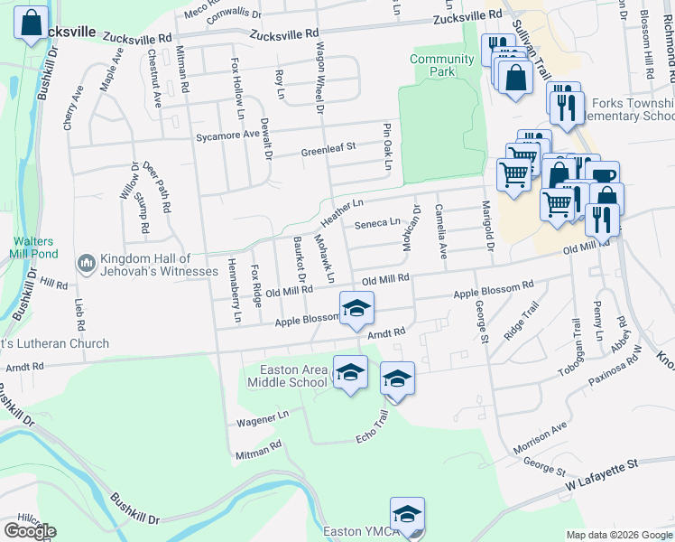 map of restaurants, bars, coffee shops, grocery stores, and more near 1300 Wagon Wheel Drive in Easton