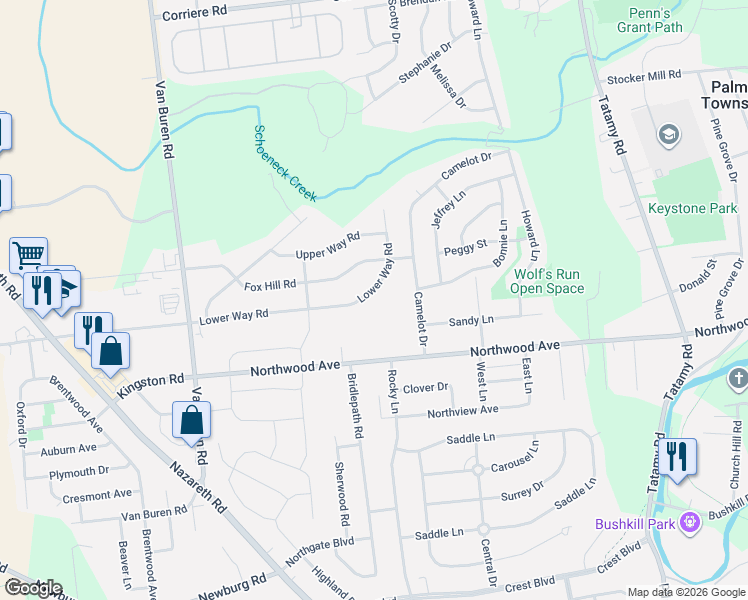 map of restaurants, bars, coffee shops, grocery stores, and more near 122 Lower Way Road in Easton