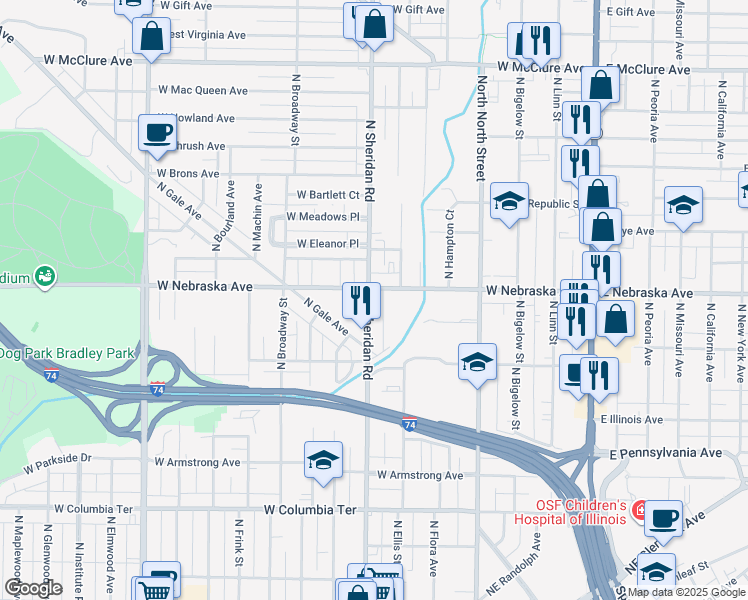 map of restaurants, bars, coffee shops, grocery stores, and more near 1821 North Sheridan Road in Peoria