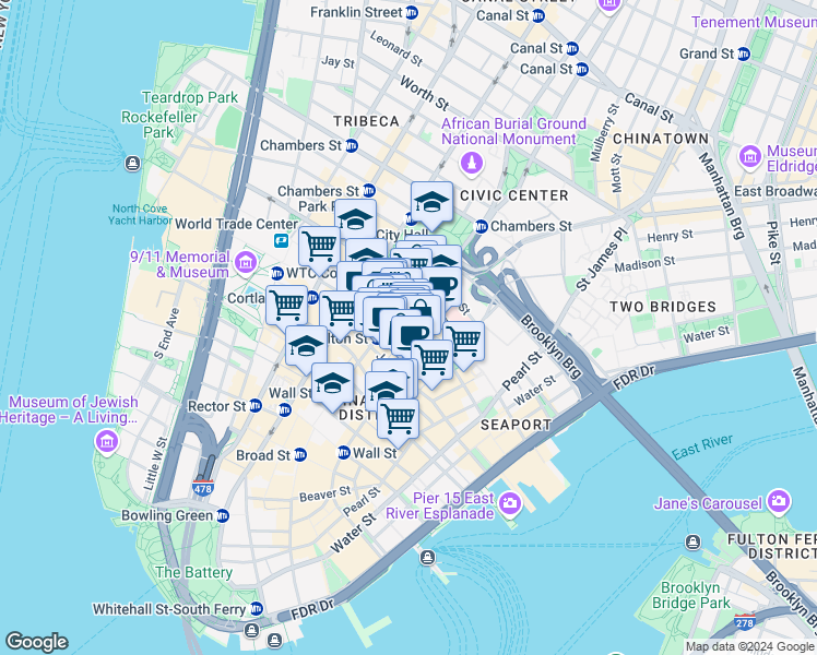 map of restaurants, bars, coffee shops, grocery stores, and more near 119 Fulton Street in New York