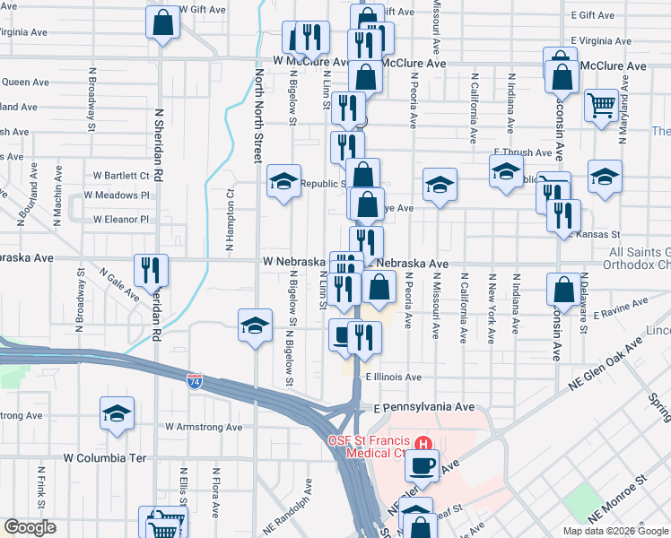map of restaurants, bars, coffee shops, grocery stores, and more near 110 West Nebraska Avenue in Peoria