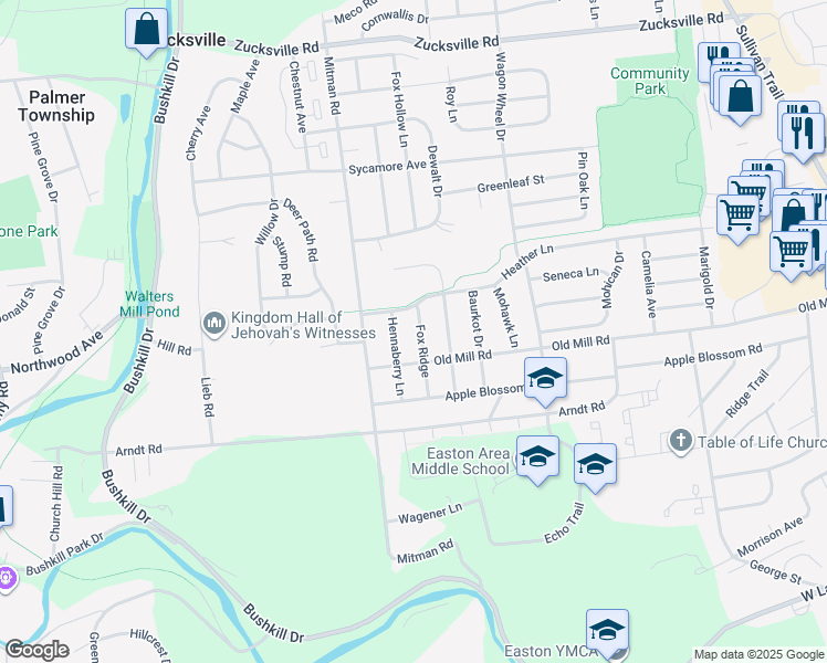 map of restaurants, bars, coffee shops, grocery stores, and more near 1412 Fox Ridge in Easton
