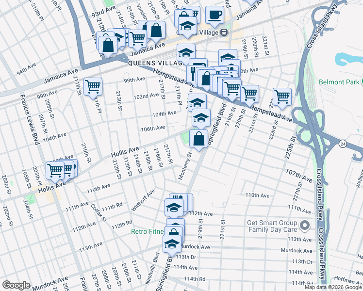 map of restaurants, bars, coffee shops, grocery stores, and more near 108-23 217th Place in Queens