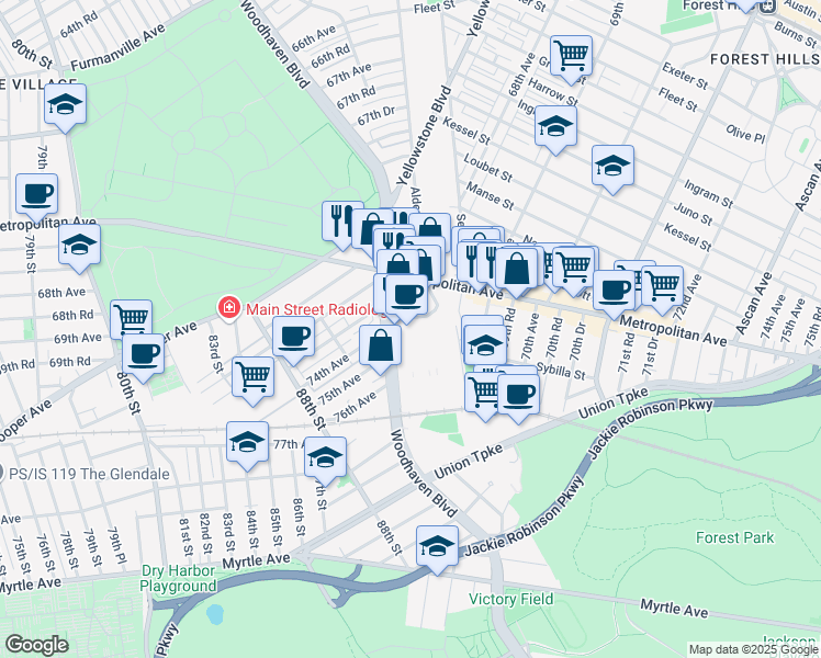 map of restaurants, bars, coffee shops, grocery stores, and more near 7325 Woodhaven Boulevard in Queens