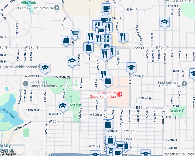 map of restaurants, bars, coffee shops, grocery stores, and more near 239-299 West 35th Street in Kearney