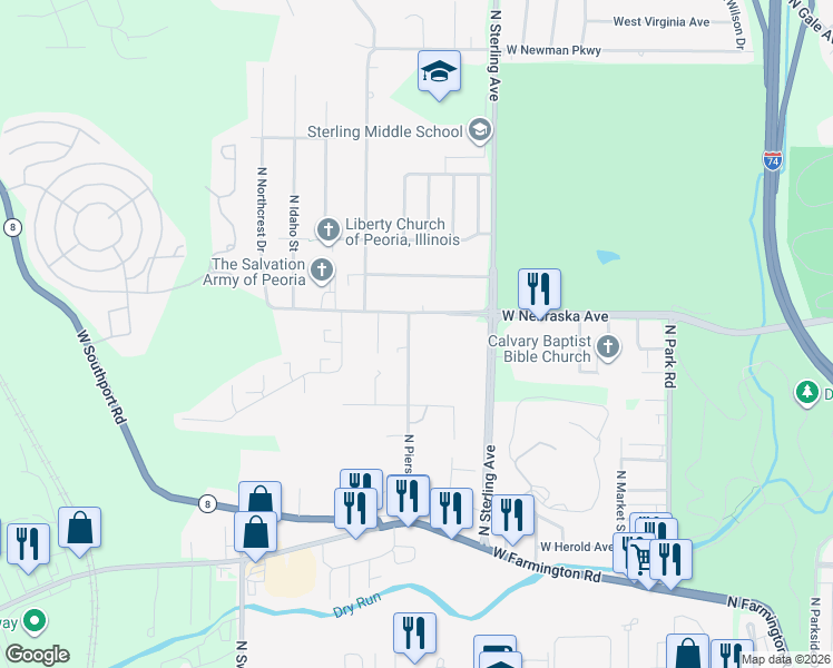 map of restaurants, bars, coffee shops, grocery stores, and more near 1812 North Pierson Avenue in West Peoria
