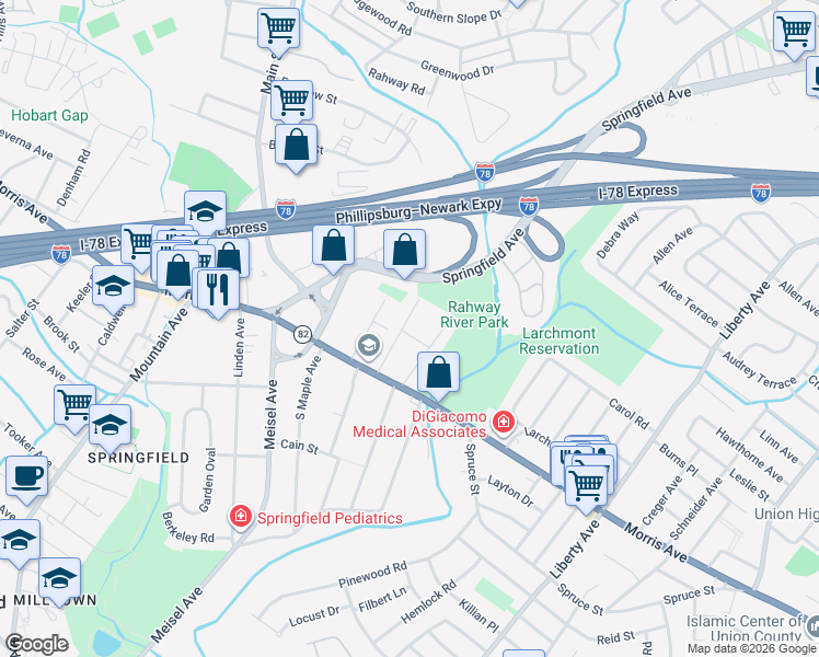 map of restaurants, bars, coffee shops, grocery stores, and more near 24 Perry Place in Springfield
