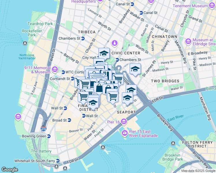 map of restaurants, bars, coffee shops, grocery stores, and more near 47 Beekman Street in New York