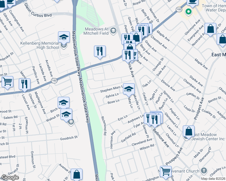 map of restaurants, bars, coffee shops, grocery stores, and more near 1474 Stephen Marc Lane in East Meadow