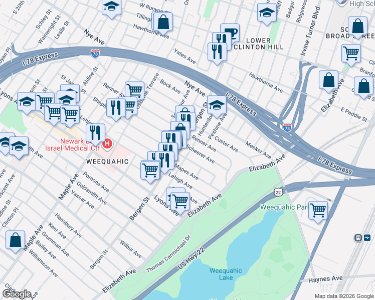 map of restaurants, bars, coffee shops, grocery stores, and more near 84 Scheerer Avenue in Newark