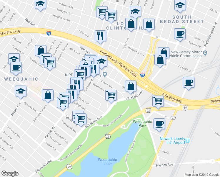 map of restaurants, bars, coffee shops, grocery stores, and more near 54-56 Custer Avenue in Newark