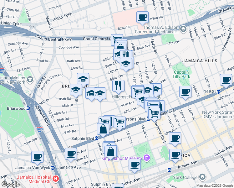 map of restaurants, bars, coffee shops, grocery stores, and more near 85-56 151st Street in Queens