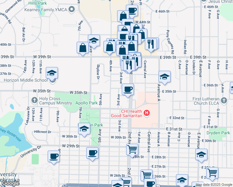 map of restaurants, bars, coffee shops, grocery stores, and more near 239-299 West 35th Street in Kearney