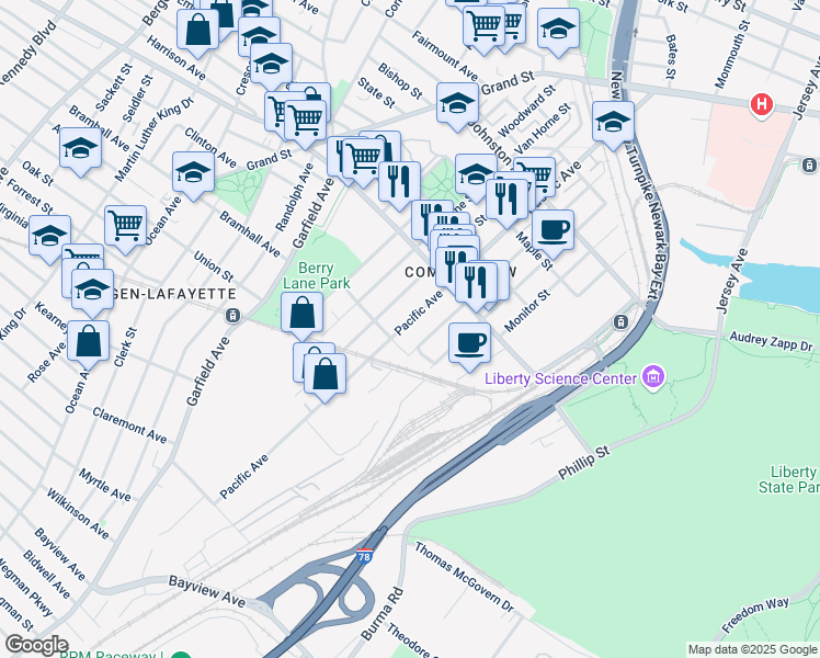 map of restaurants, bars, coffee shops, grocery stores, and more near 246 Pacific Avenue in Jersey City