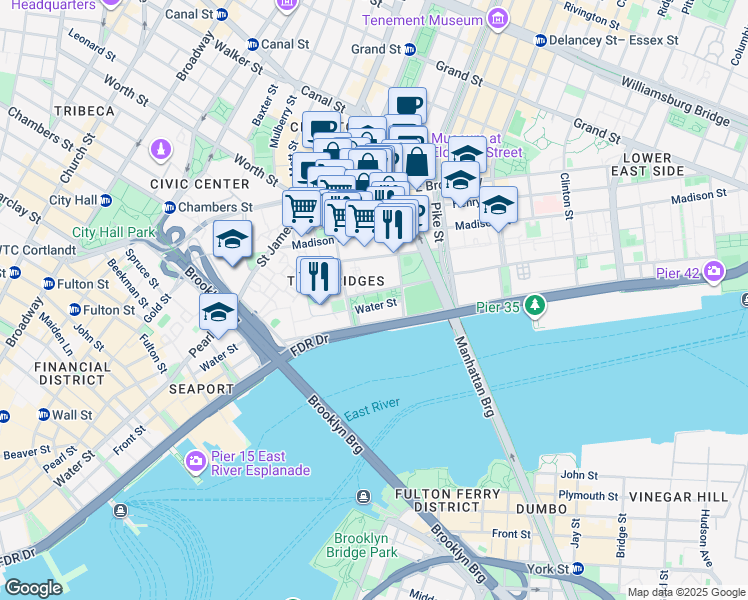map of restaurants, bars, coffee shops, grocery stores, and more near 394 Water Street in New York