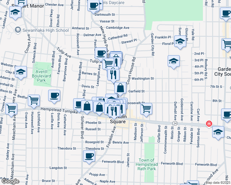 map of restaurants, bars, coffee shops, grocery stores, and more near 1000 Maxwell Street in Franklin Square