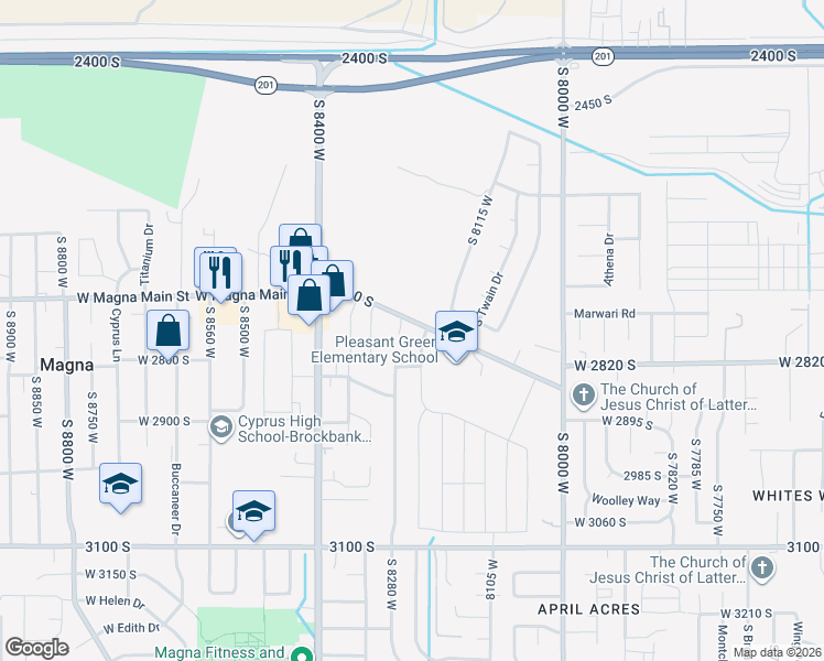 map of restaurants, bars, coffee shops, grocery stores, and more near 8241 2700 south in Magna