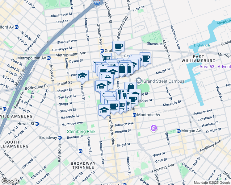 map of restaurants, bars, coffee shops, grocery stores, and more near 186 Ten Eyck Street in Brooklyn