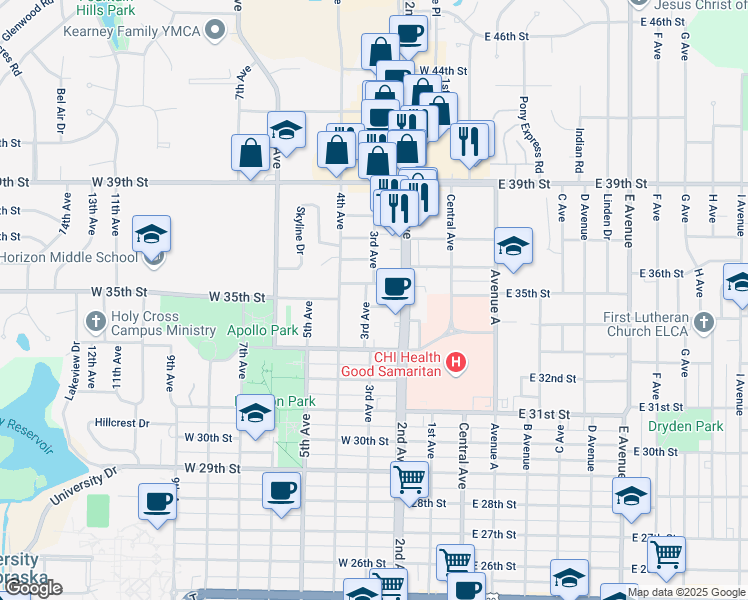 map of restaurants, bars, coffee shops, grocery stores, and more near 239 West 35th Street in Kearney