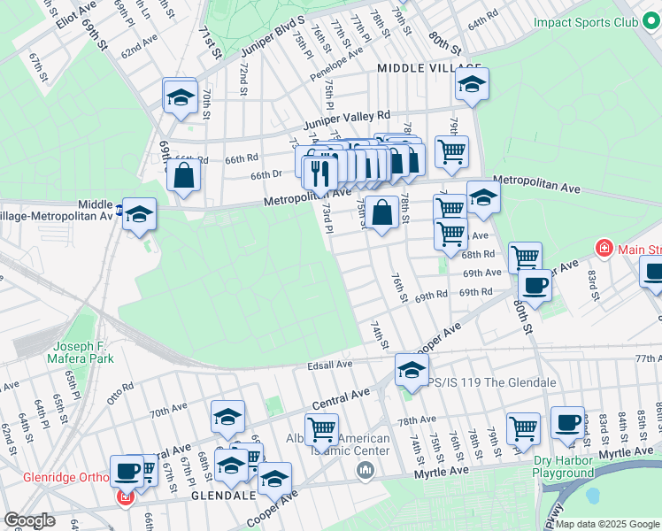 map of restaurants, bars, coffee shops, grocery stores, and more near 68-10 73rd Place in Queens