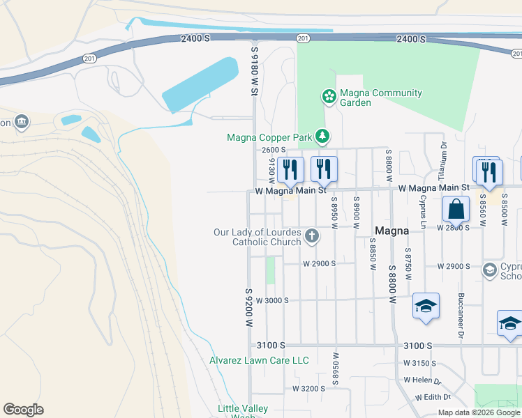map of restaurants, bars, coffee shops, grocery stores, and more near 2746 South 9150 West in Magna
