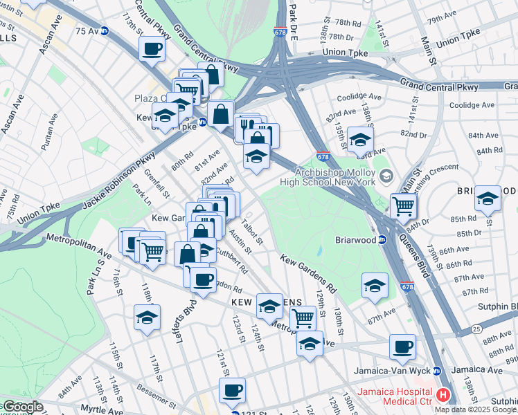 map of restaurants, bars, coffee shops, grocery stores, and more near 83-34 Kew Gardens Road in Queens