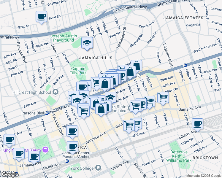 map of restaurants, bars, coffee shops, grocery stores, and more near 168-14 Hillside Avenue in Queens